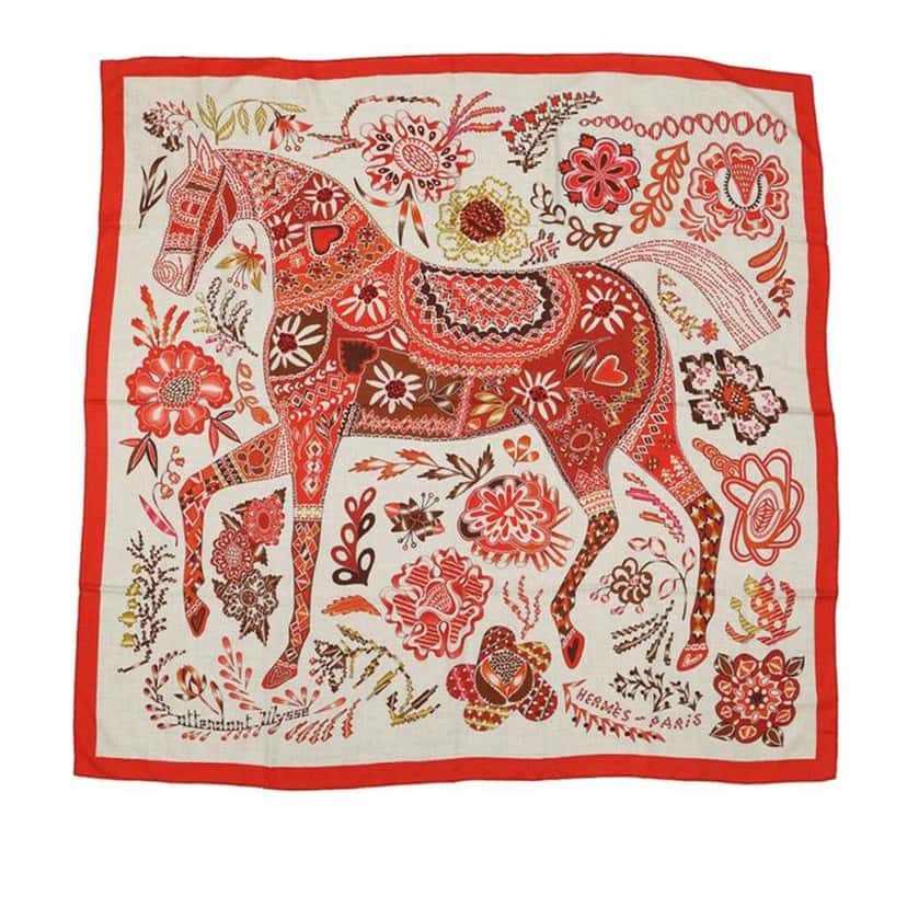 Hermès En Attendant Ulysse Cashmere Silk Shawl 140 Brown Wool Good condition - Front View