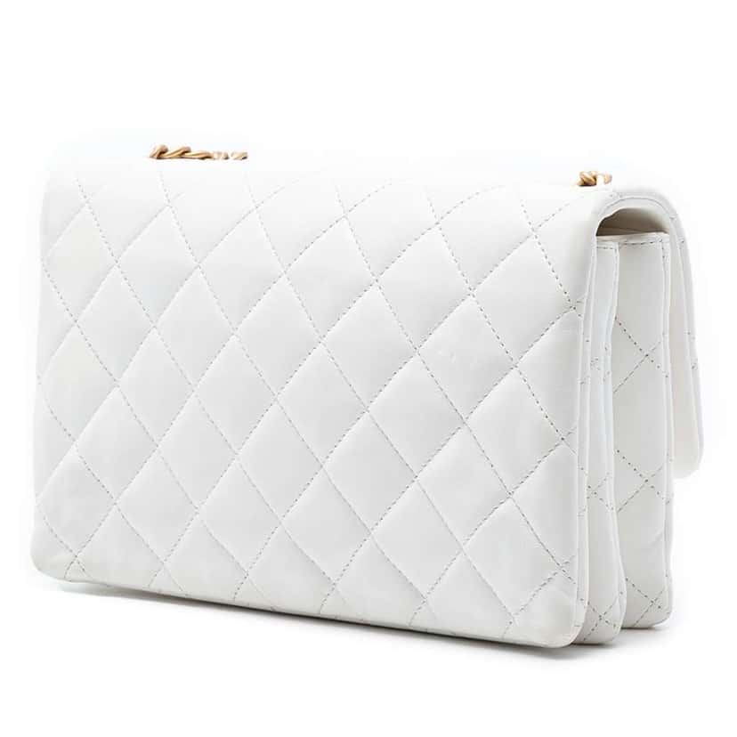 Chanel Medium Quilted Lambskin CC Single Flap White Leather Very good condition - Back View