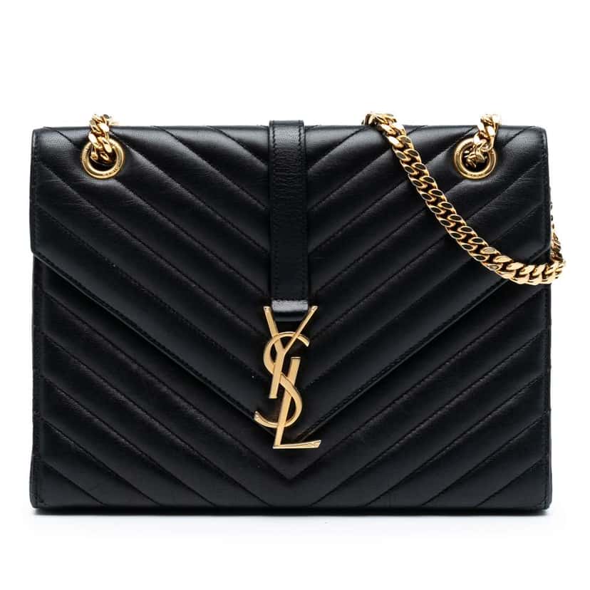 Saint Laurent Medium Chevron Calfskin Monogram Envelope Bag Black Leather Good condition - Front View