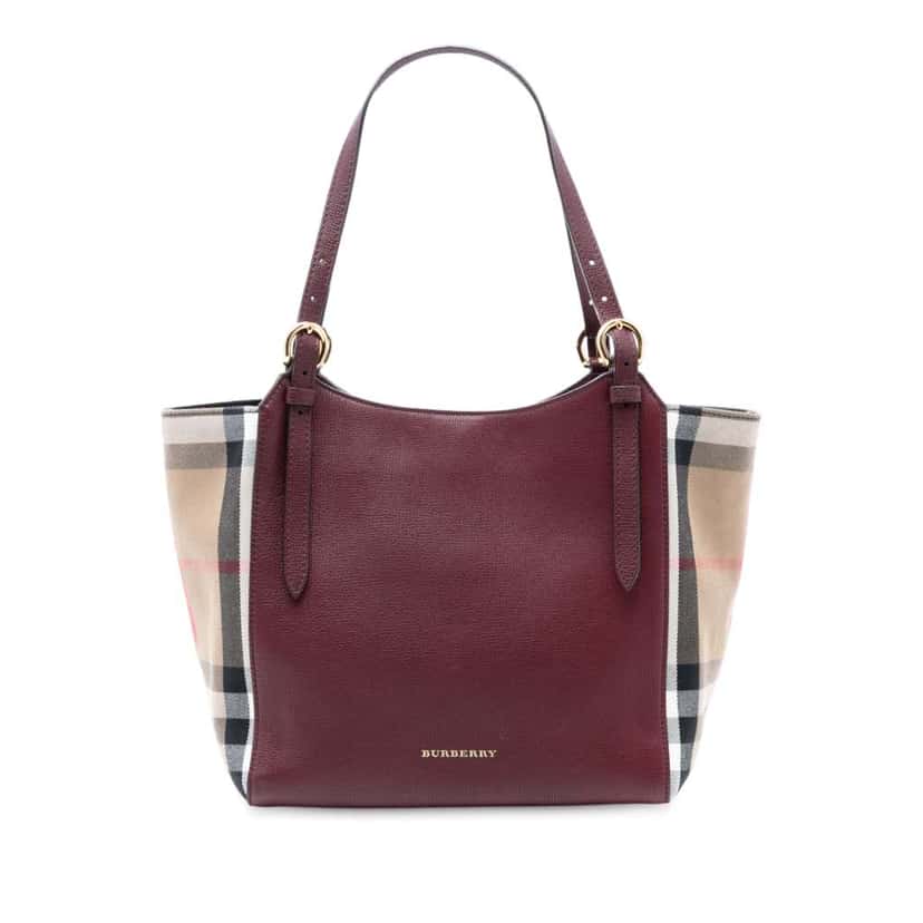 Burberry Grained Calfskin and House Check Canvas Canterbury Tote Purple Leather Good condition - Front View