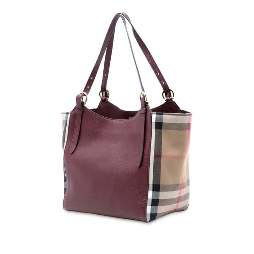 Burberry Grained Calfskin and House Check Canvas Canterbury Tote Purple Leather Good condition - Back View
