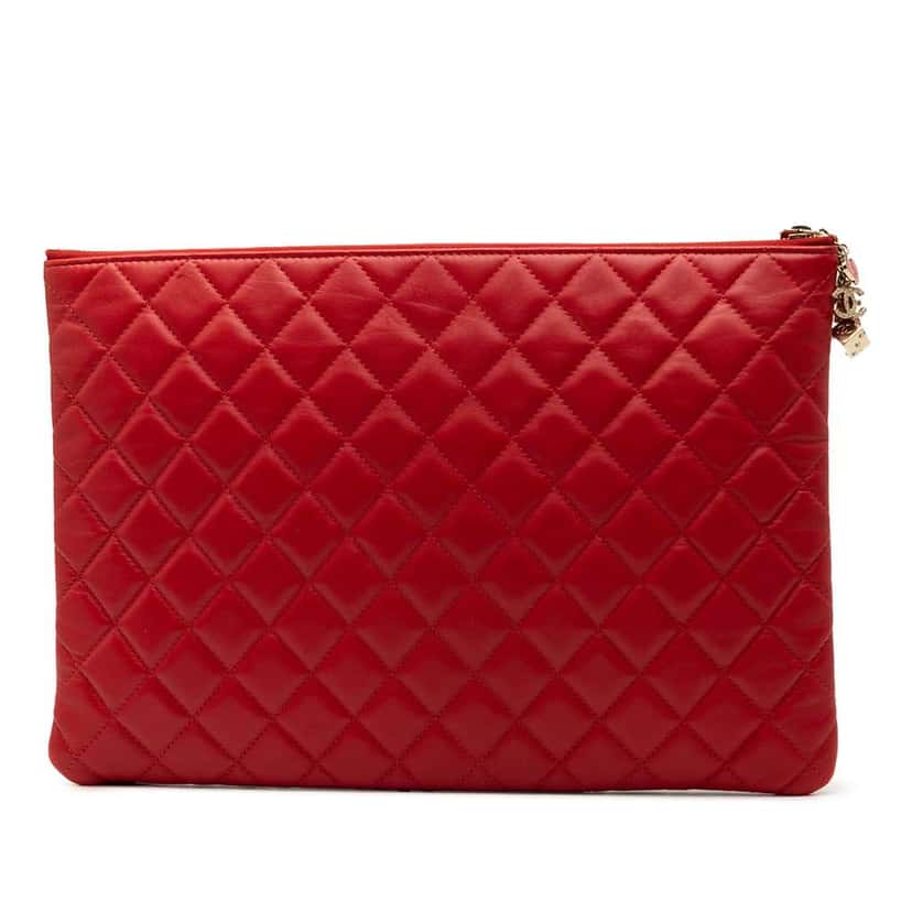 Chanel Large Quilted Lambskin Casino Charms O Case Clutch Red Leather Good condition - Back View