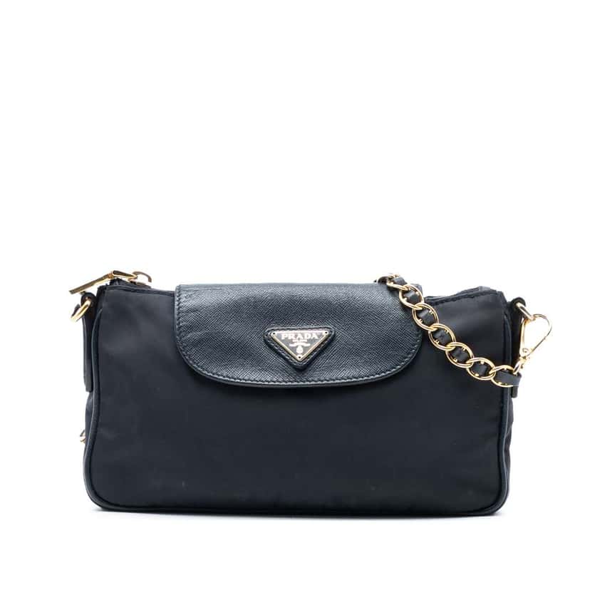 Prada Saffiano Trimmed Tessuto Chain Crossbody Black Good condition - Front View