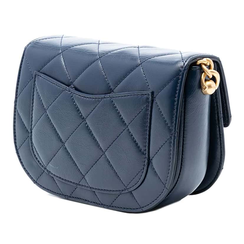 Chanel Mini CC Quilted Shiny Calfskin Round Moon Messenger Flap Blue Leather Good condition - Back View