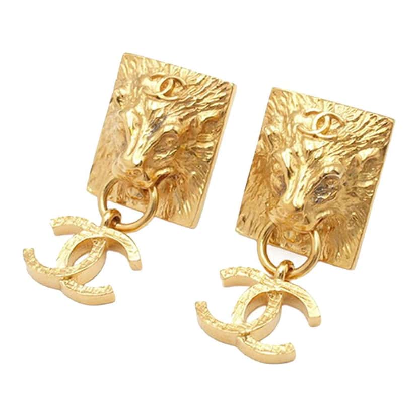 Chanel Gold Plated Lion Head CC Drop Push Back Earrings Gold Metal Good condition - Back View