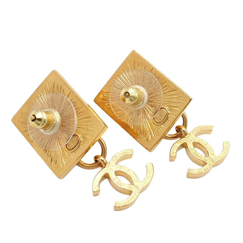 Chanel Gold Plated Lion Head CC Drop Push Back Earrings Gold Metal Good condition - Inside View
