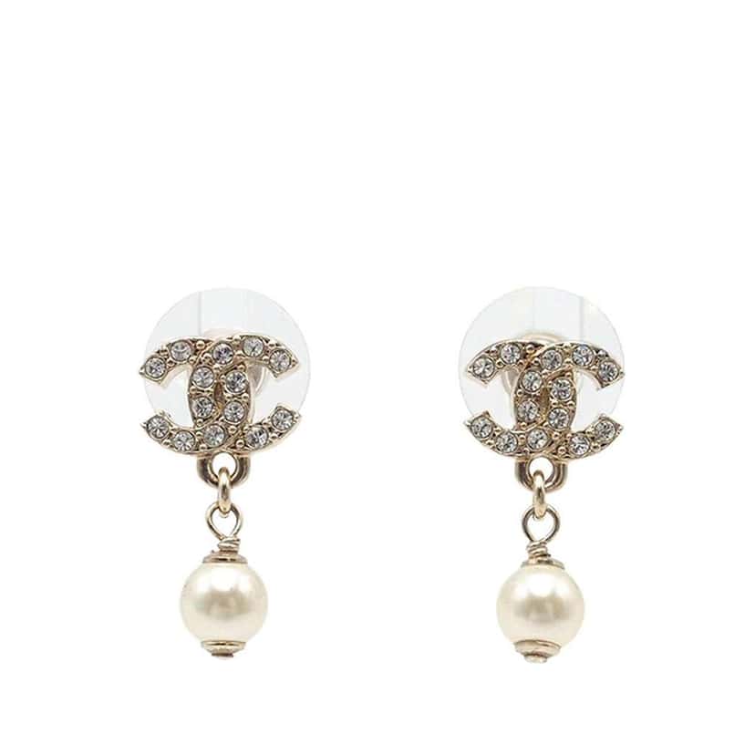 Chanel CC Gold Plated Crystal and Faux Pearl Drop Push Back Earrings Gold Metal Good condition - Front View