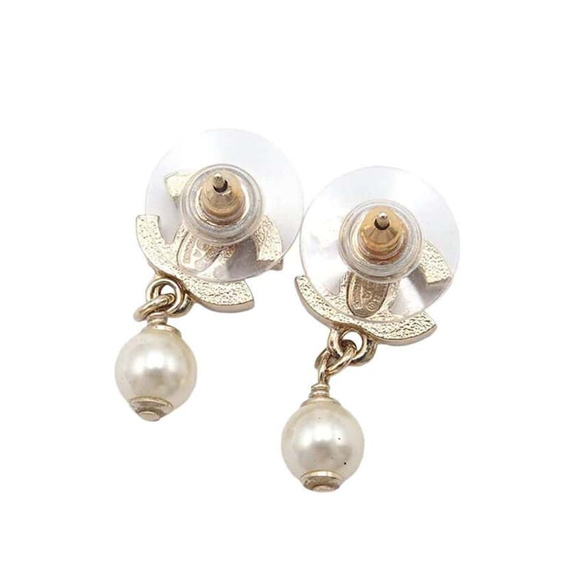 Chanel CC Gold Plated Crystal and Faux Pearl Drop Push Back Earrings Gold Metal Good condition - Back View