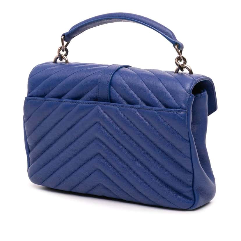 Saint Laurent Medium Quilted Chevron Sheepskin College Satchel Blue Leather Good condition - Back View