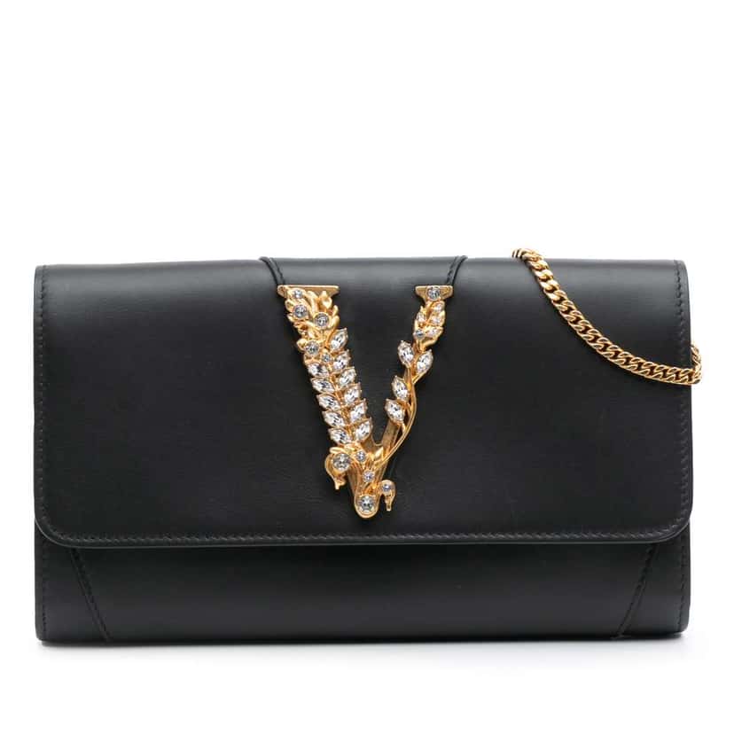 Versace Leather Crystal Virtus Chain Crossbody Black Leather Good condition - Front View
