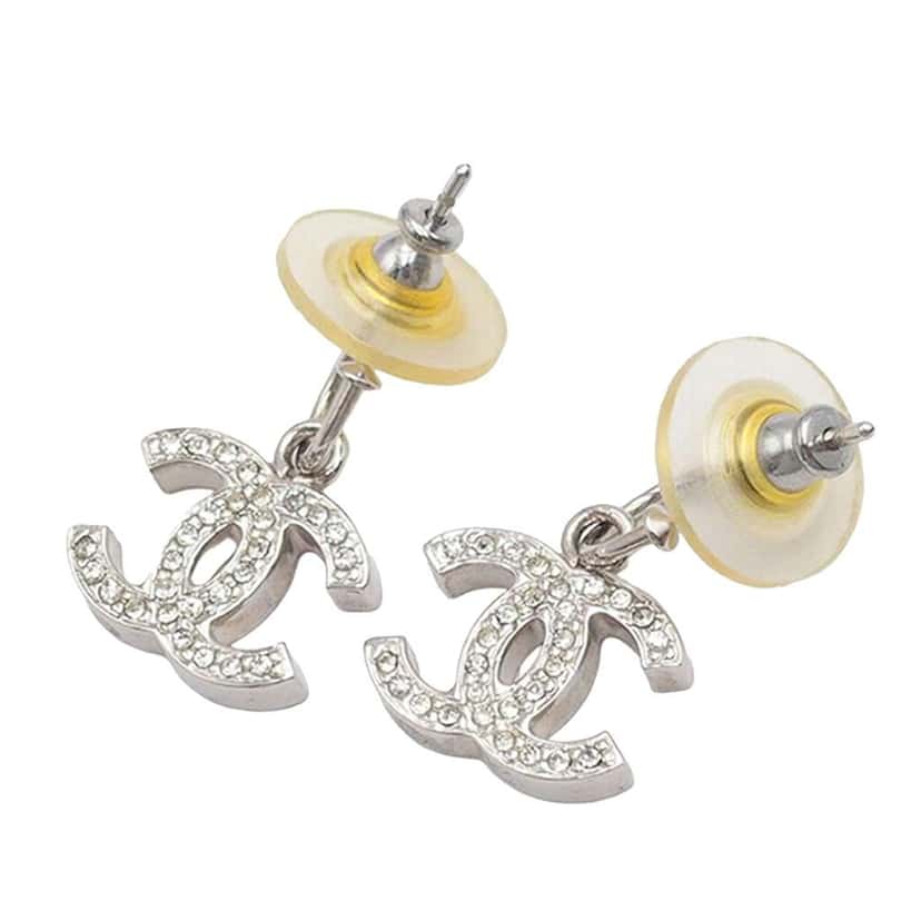Chanel Silver Plated Crystal CC Drop Push Back Earrings Silver Metal Good condition - Back View