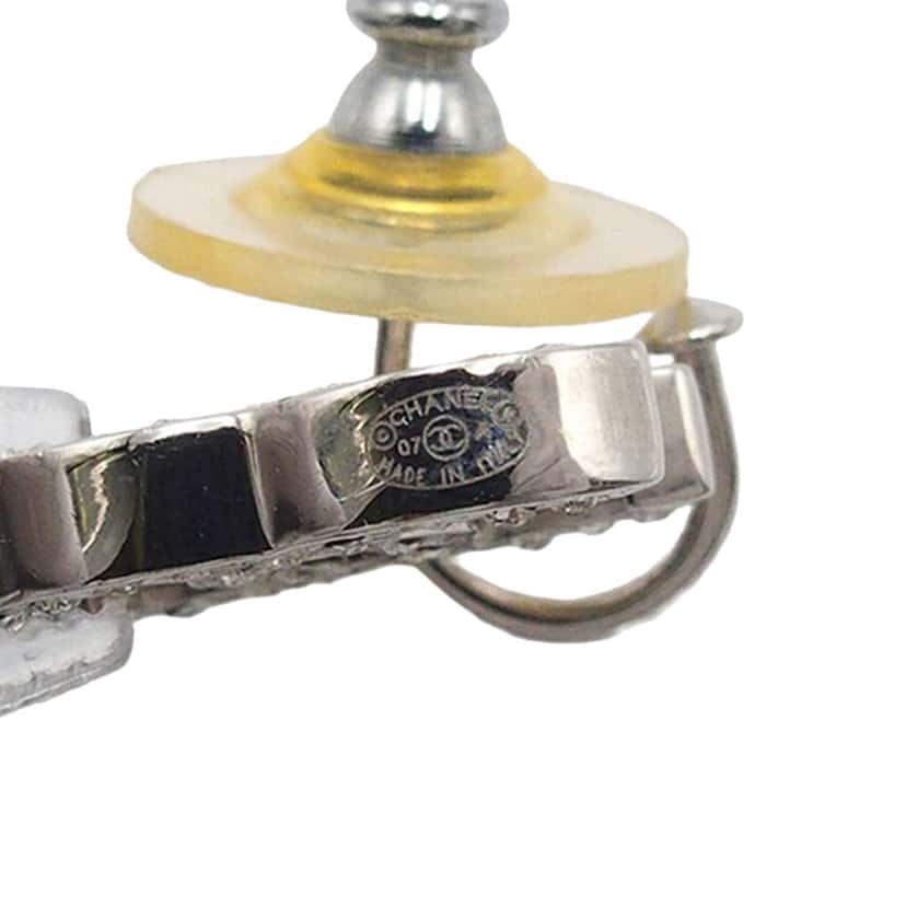 Chanel Silver Plated Crystal CC Drop Push Back Earrings Silver Metal Good condition - Model View