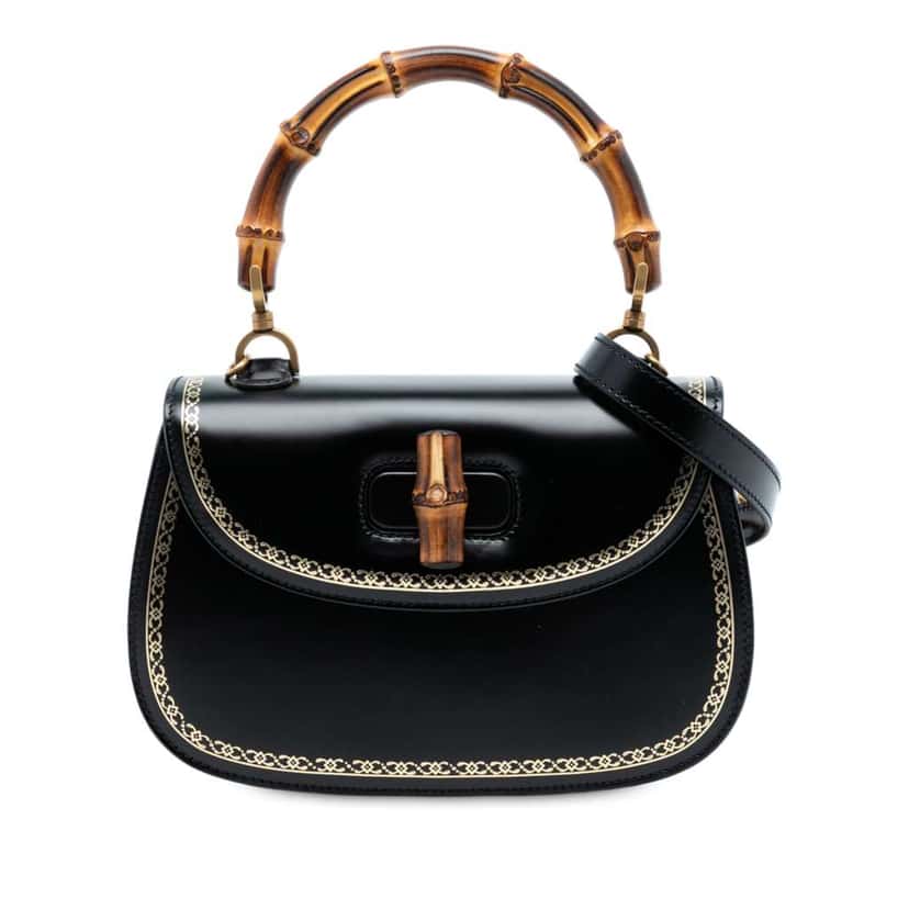 Gucci Calfskin Frame Print Bamboo Top Handle Bag Black Leather Good condition - Front View