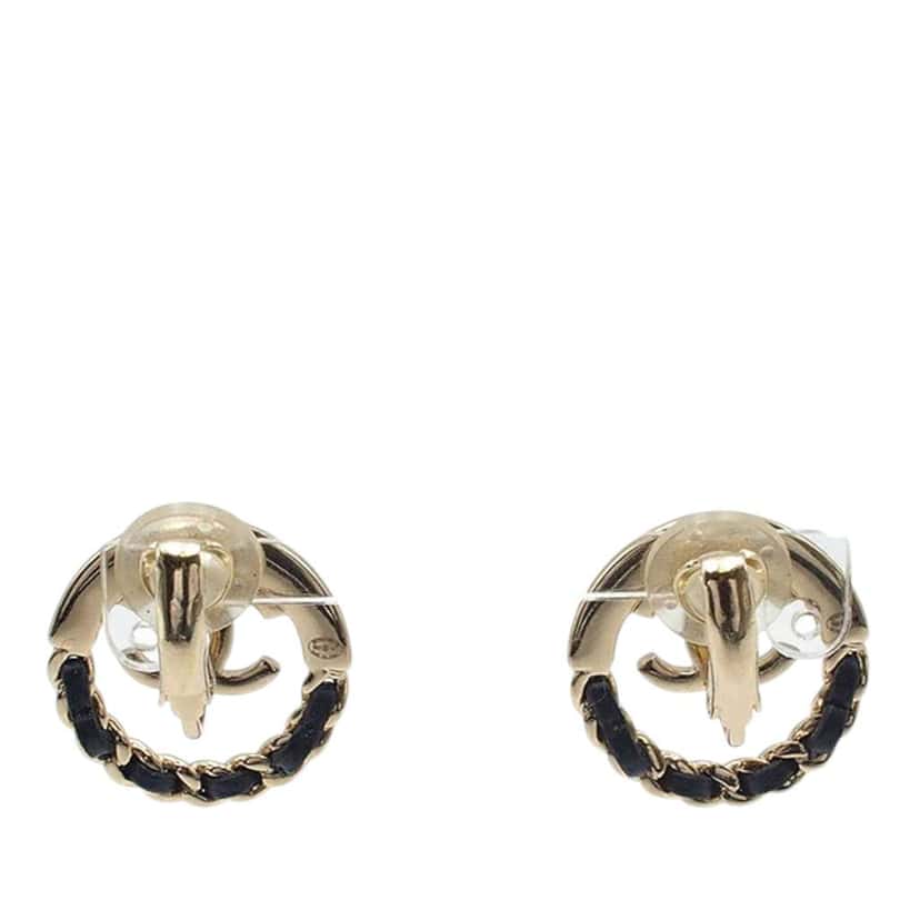 Chanel Gold Plated Leather Woven CC Round Clip on Earrings Gold Metal Very good condition - Back View