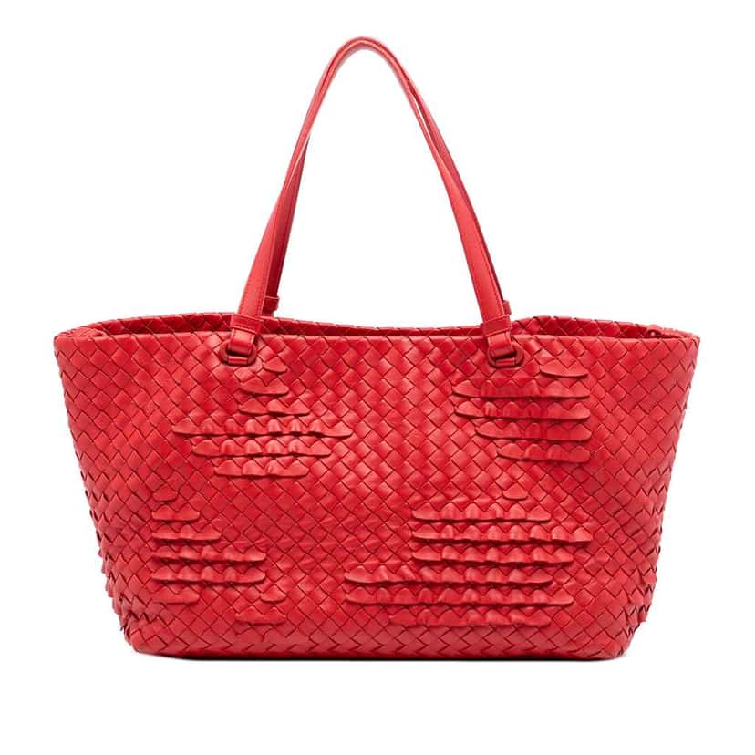 Bottega Veneta Nappa Intrecciato Ruffle Tote Red Leather Good condition - Front View