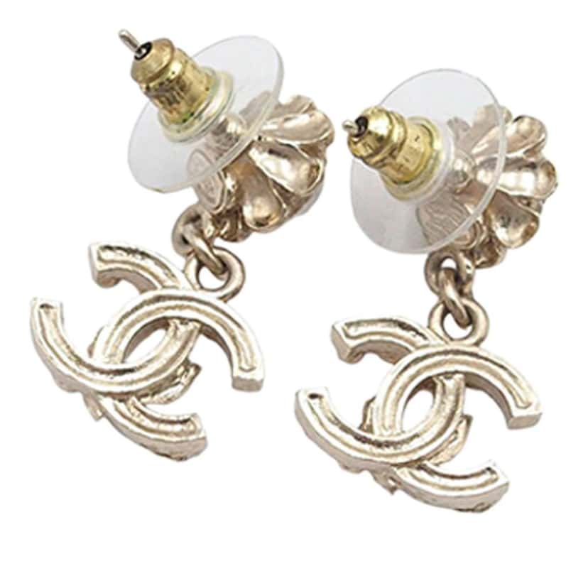 Chanel CC Gold Plated Faux Pearl Rhinestone Drop Push Back Earrings Gold Metal Good condition - Back View