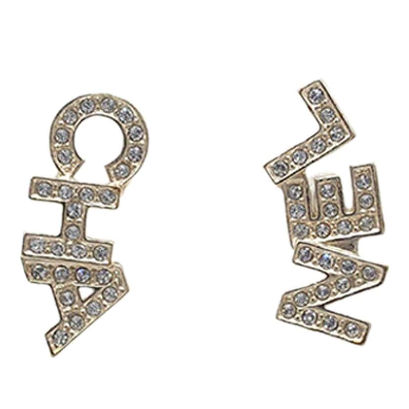 Chanel CC Gold Plated Crystals Logo Push Back Earrings Gold Metal Good condition - Front View