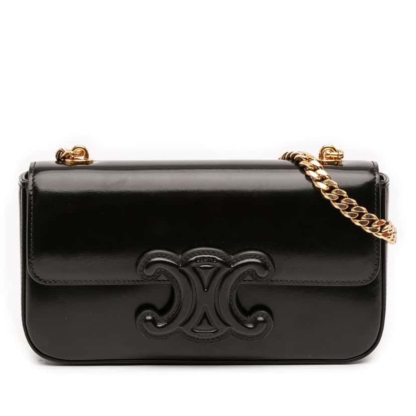 Celine Smooth Calfskin Cuir Triomphe Chain Shoulder Bag Black Leather Good condition - Front View