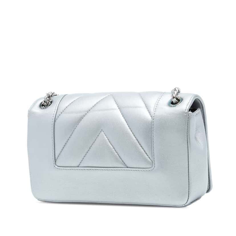 Chanel Mini Quilted Chevron Sheepskin Mademoiselle Vintage Flap Silver Leather Good condition - Back View