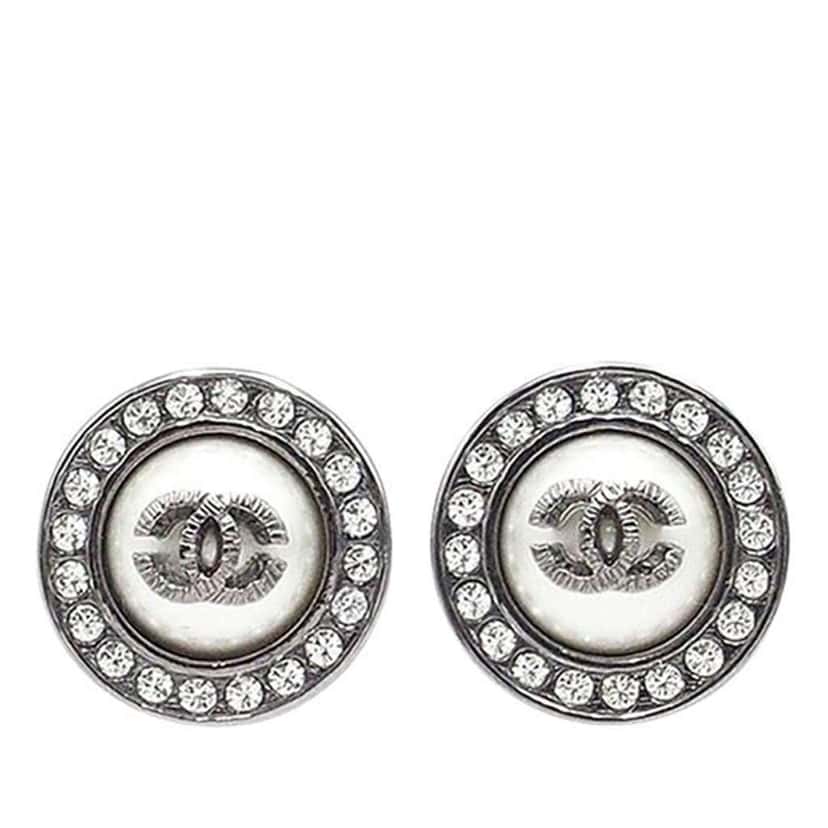 Chanel Gunmetal Plated CC Faux Pearl and Crystal Round Push Back Earrings Silver Brass Good condition - Front View