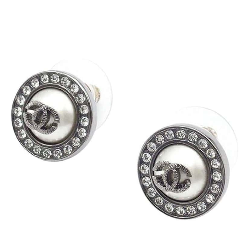 Chanel Gunmetal Plated CC Faux Pearl and Crystal Round Push Back Earrings Silver Brass Good condition - Back View