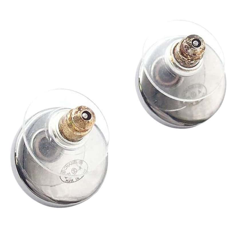 Chanel Gunmetal Plated CC Faux Pearl and Crystal Round Push Back Earrings Silver Brass Good condition - Inside View