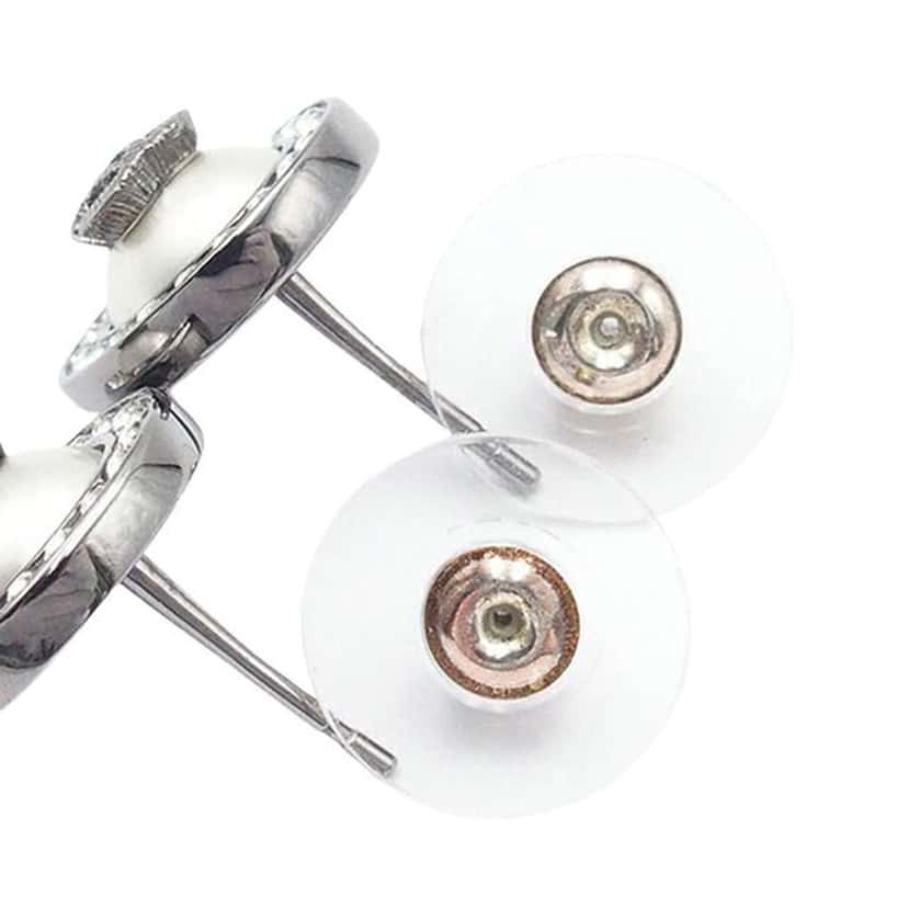 Chanel Gunmetal Plated CC Faux Pearl and Crystal Round Push Back Earrings Silver Brass Good condition - Box View