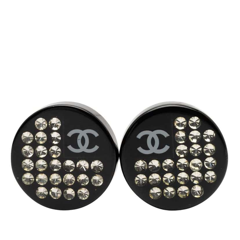 Chanel CC Resin Crystal Button Clip On Earrings Black Good condition - Front View