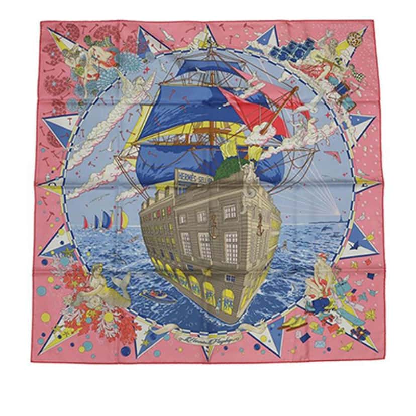 Hermès Flagship Silk Scarf 90 Pink Silk Very good condition - Front View