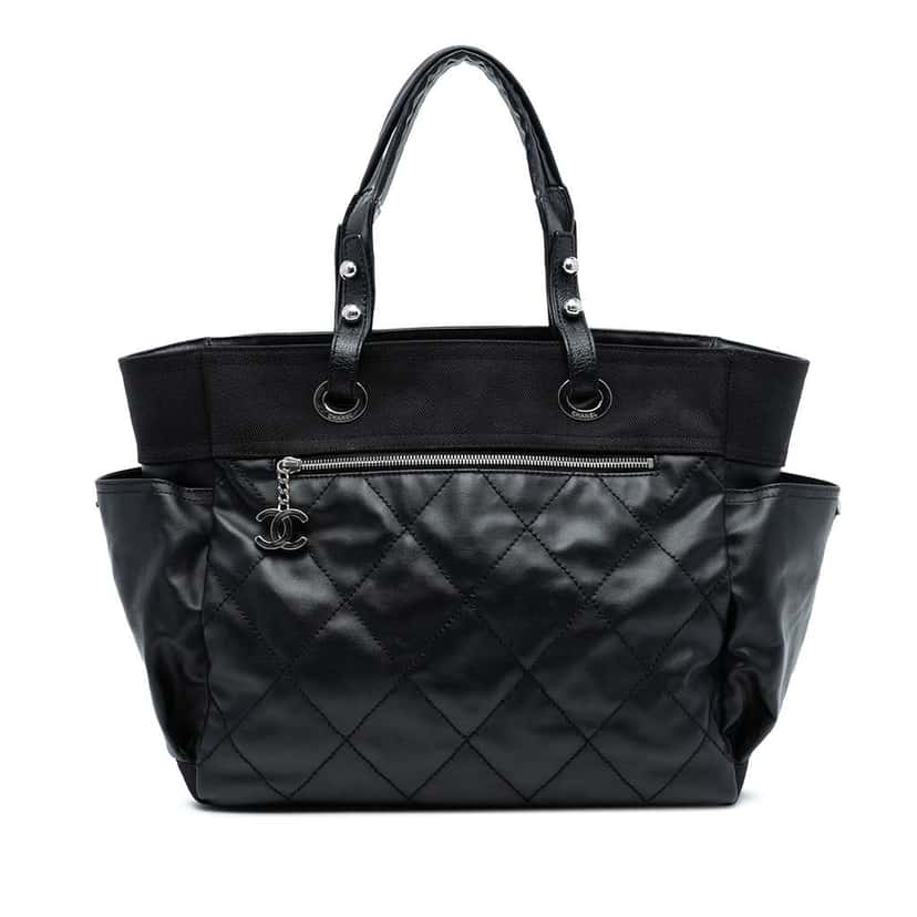 Chanel Large Quilted Coated Canvas Paris Biarritz Tote Black Canvas Good condition - Front View