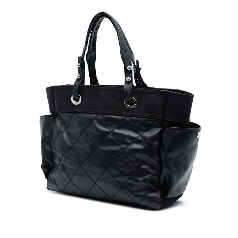 Chanel Large Quilted Coated Canvas Paris Biarritz Tote Black Canvas Good condition - Back View