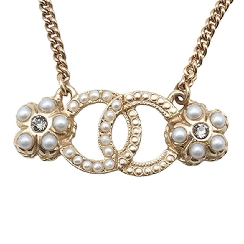 Chanel CC Gold Plated Faux Pearl and Rhinestone Flower Necklace Gold Metal Good condition - Back View