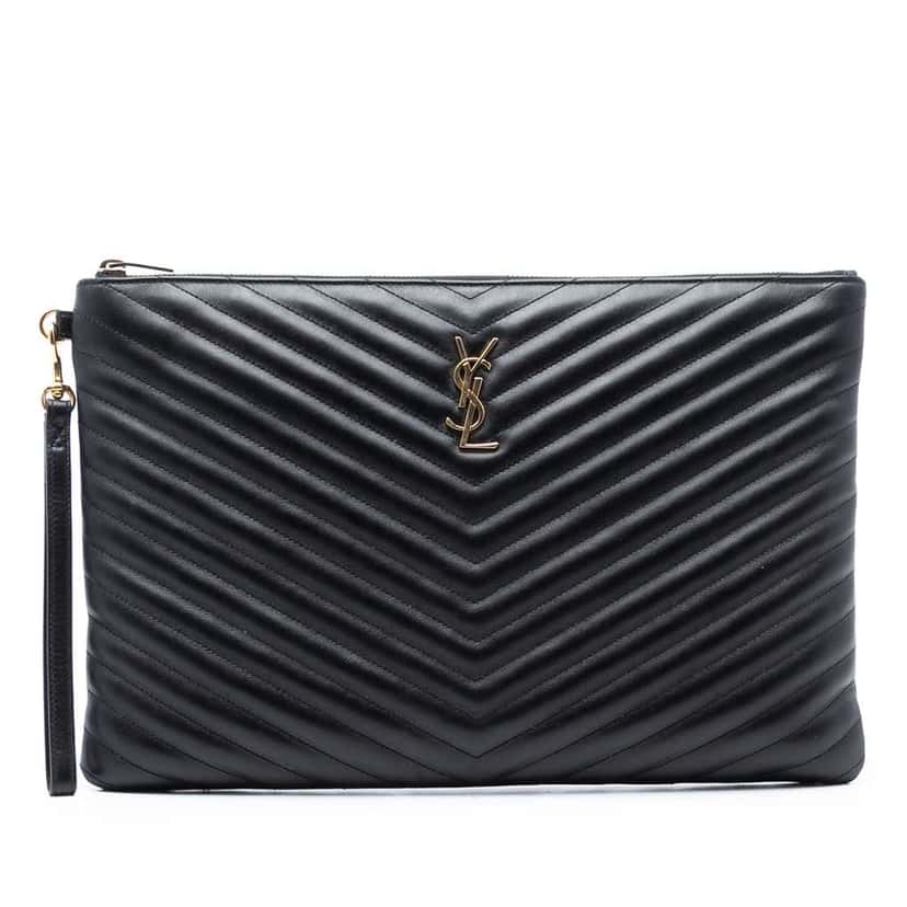 Saint Laurent Quilted Chevron Leather Monogram Document Holder Black Leather Good condition - Front View