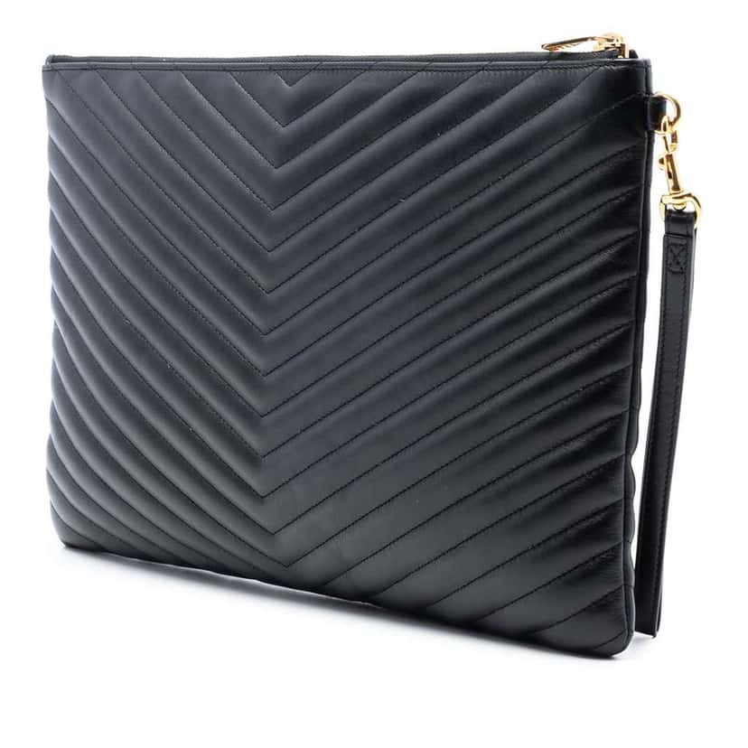 Saint Laurent Quilted Chevron Leather Monogram Document Holder Black Leather Good condition - Back View