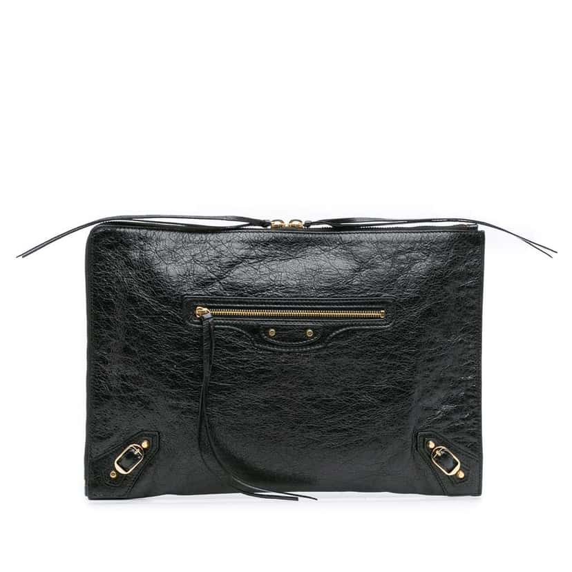 Balenciaga Lambskin Motocross Classic Zip Around Flat Clutch Black Leather Good condition - Front View