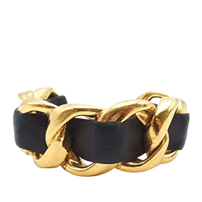 Chanel Gold Plated Leather Woven Chain Cuff Bracelet Gold Metal Good condition - Back View