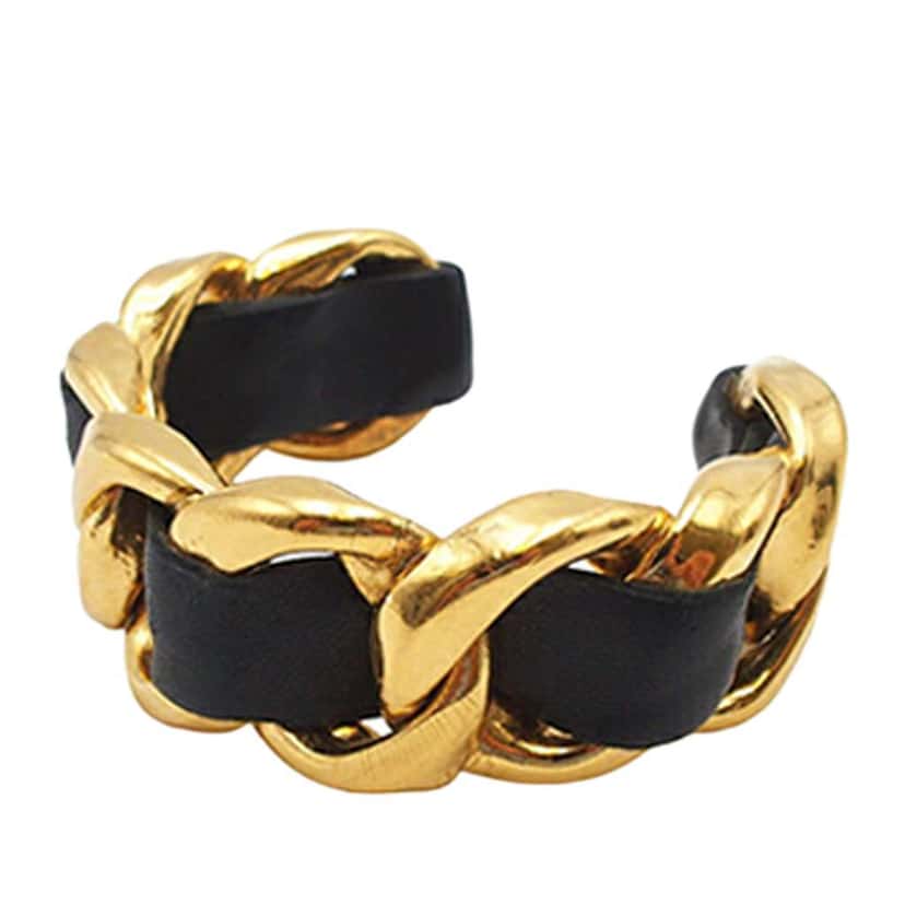 Chanel Gold Plated Leather Woven Chain Cuff Bracelet Gold Metal Good condition - Inside View