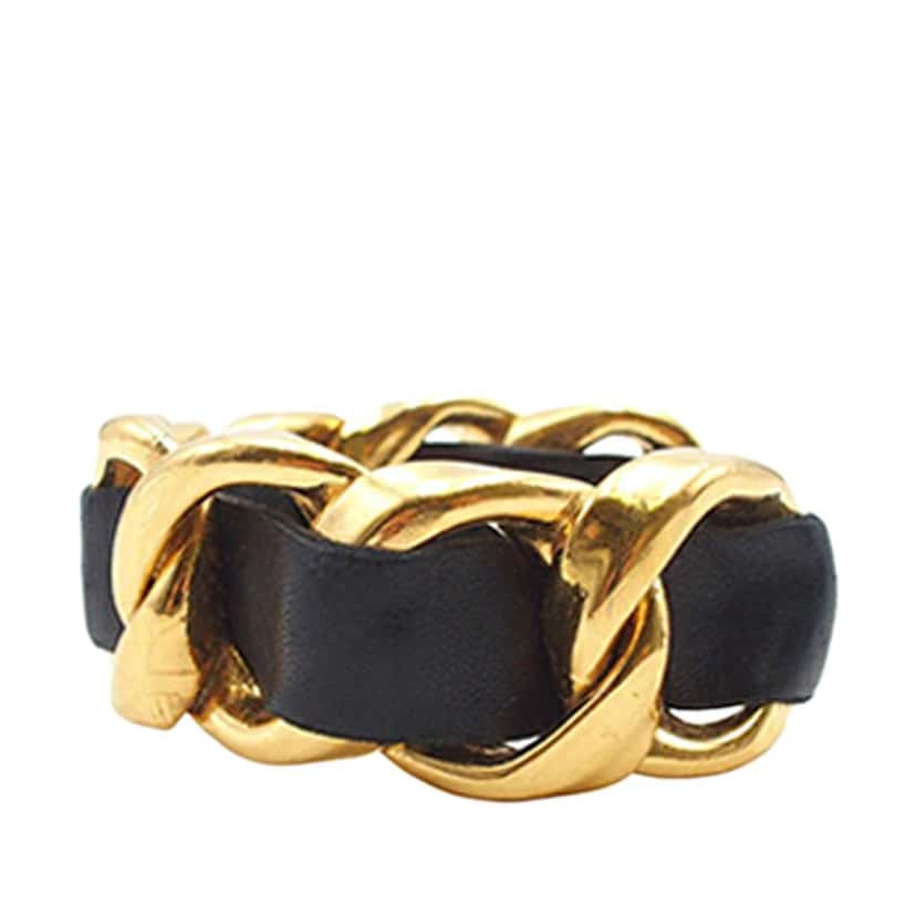 Chanel Gold Plated Leather Woven Chain Cuff Bracelet Gold Metal Good condition - Model View