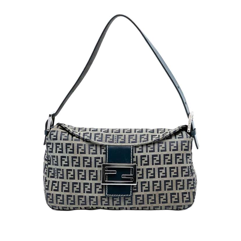 Fendi Zucchino Canvas Double Flap Shoulder Bag Grey Canvas Good condition - Front View