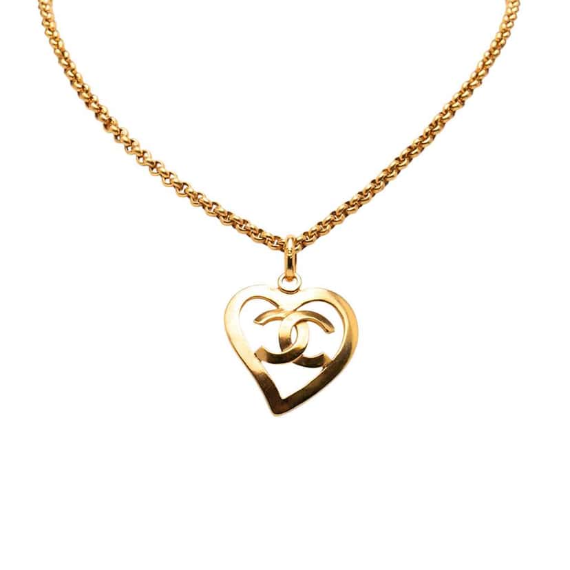 Chanel Gold Plated CC Heart Pendant Necklace Gold Metal Good condition - Front View