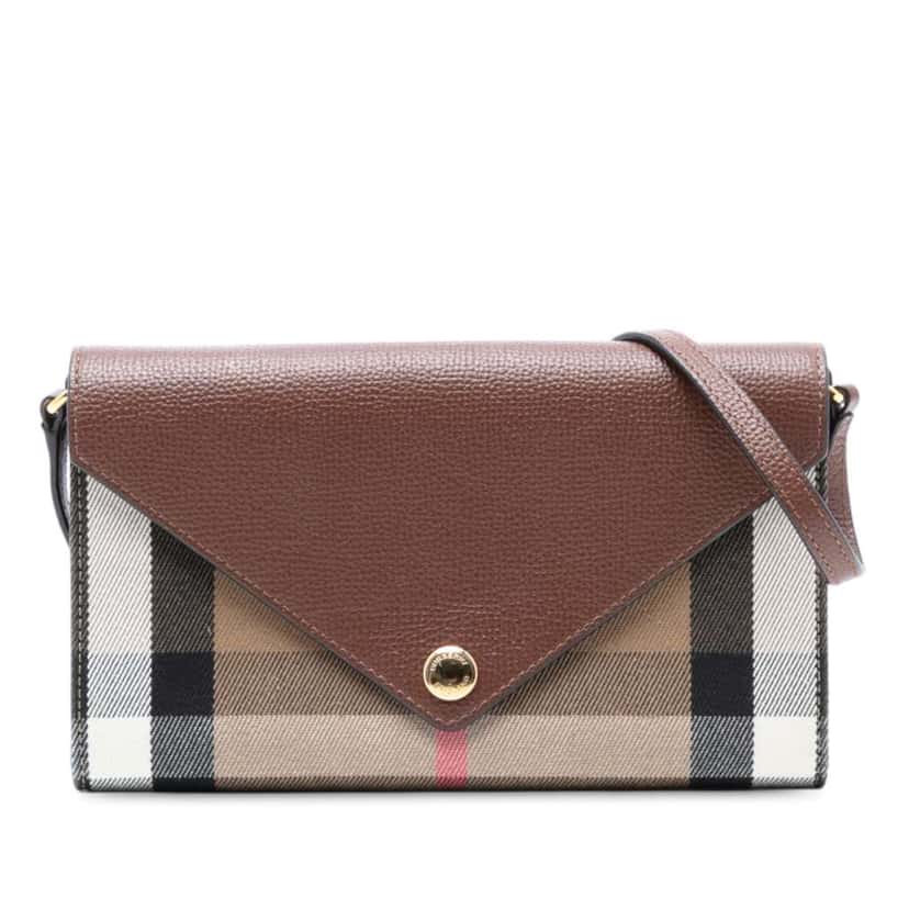 Burberry House Check Canvas and Leather Hannah Wallet on Strap Brown Canvas Good condition - Front View