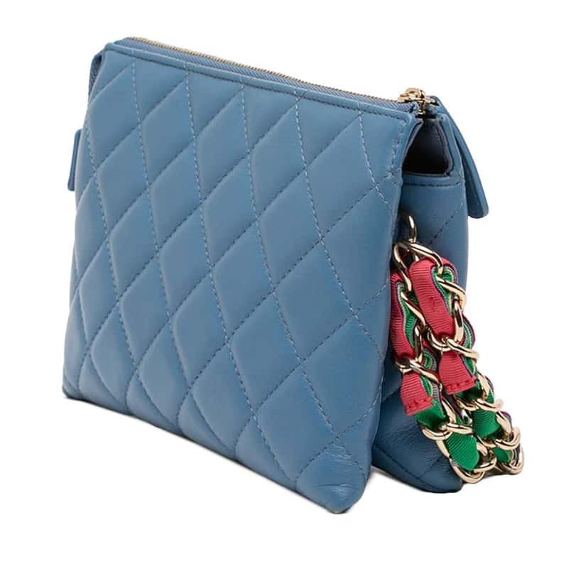 Chanel CC Quilted Lambskin Ribbon Clutch Blue Leather Good condition - Back View