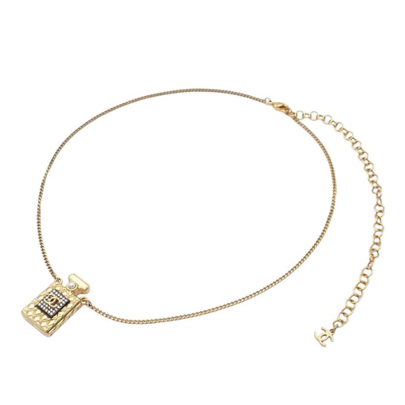 Chanel Gold Plated Crystal and Faux Pearl CC Perfume Bottle Pendant Necklace Gold Metal Good condition - Front View