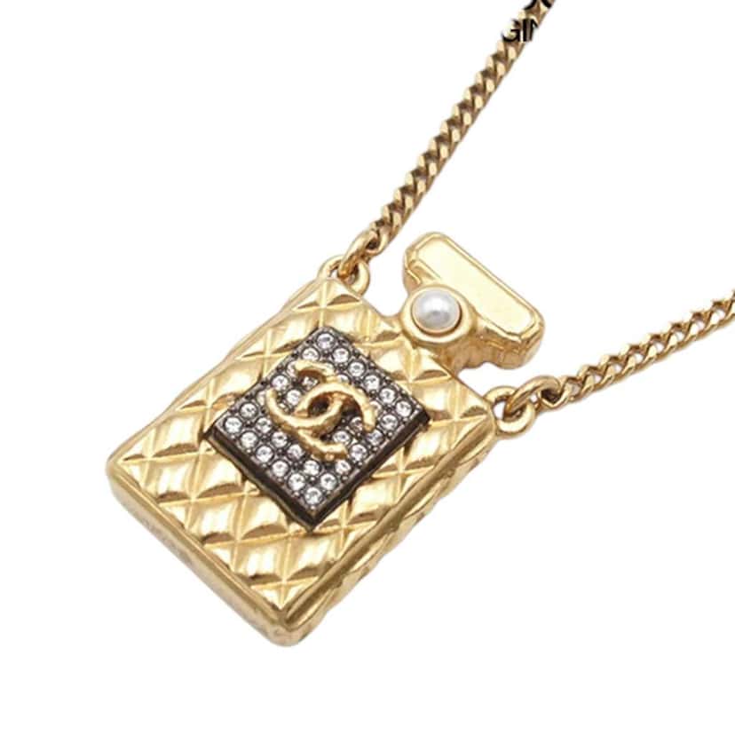 Chanel Gold Plated Crystal and Faux Pearl CC Perfume Bottle Pendant Necklace Gold Metal Good condition - Back View