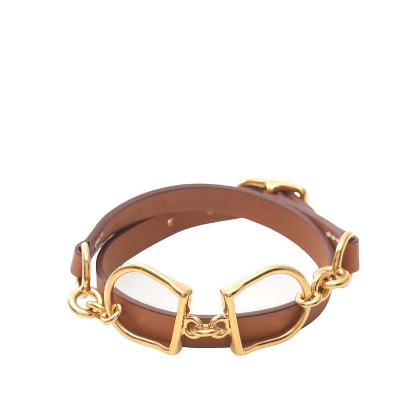 Hermès Swift Gold Plated Etrier Double Tour Bracelet Brown Leather Good condition - Back View