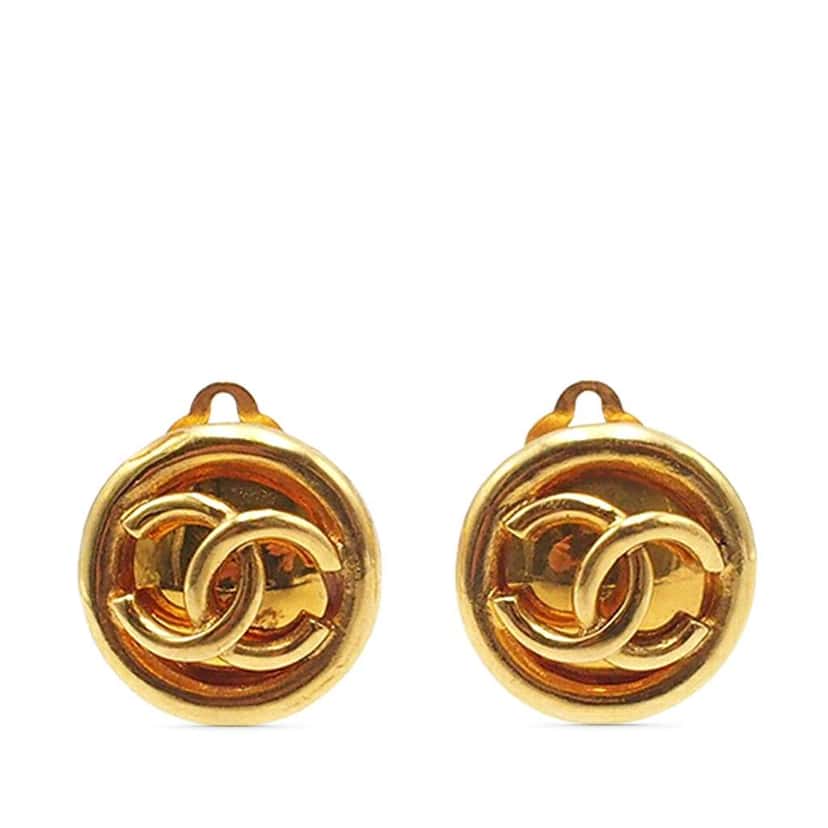 Chanel CC Gold Plated Round Clip On Earrings Gold Metal Good condition - Front View