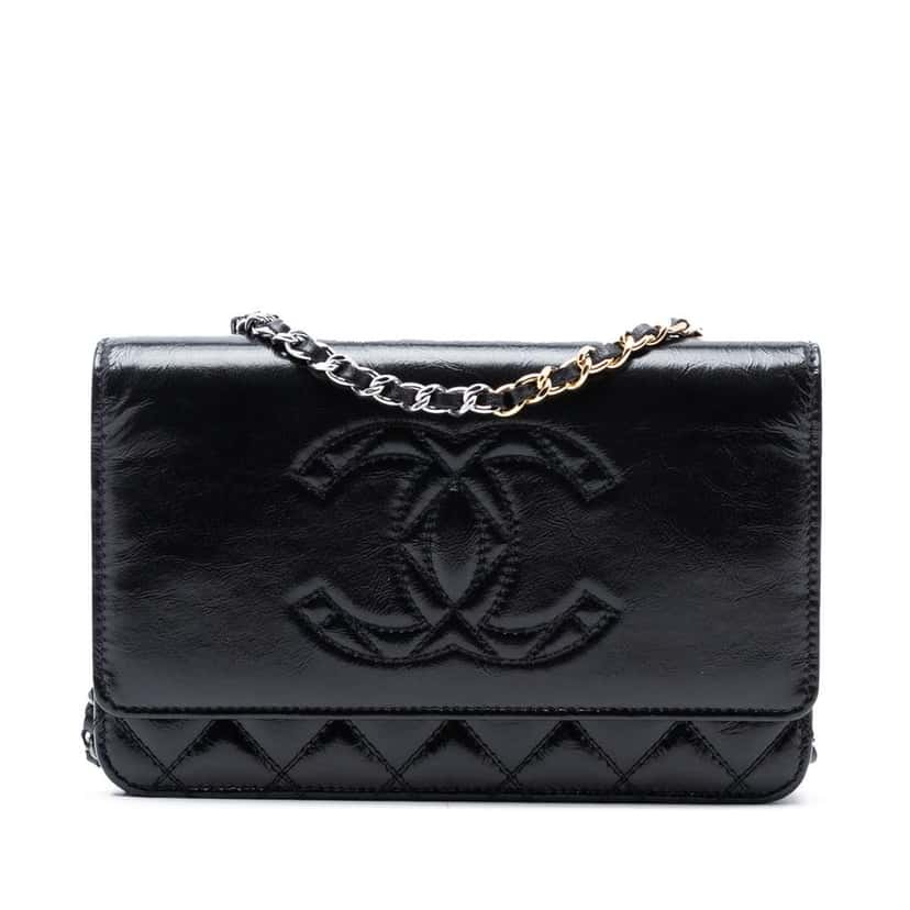 Chanel CC Shiny Aged Calfskin Wallet On Chain Black Leather Very good condition - Front View