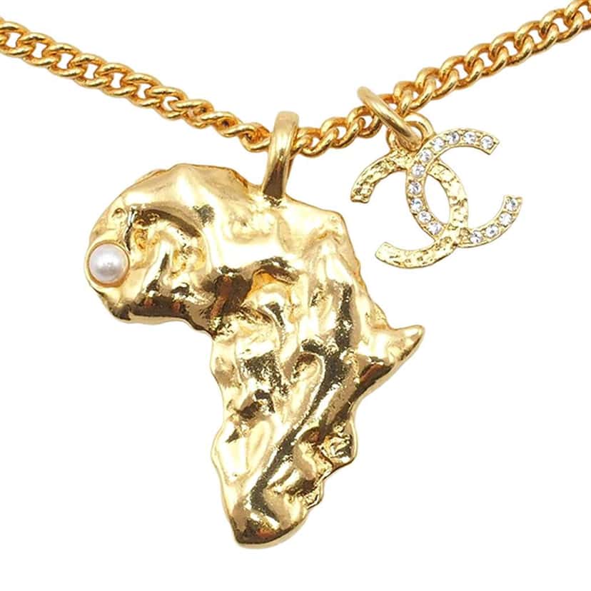 Chanel Gold Plated CC Faux Pearl and Rhinestone Africa Pendant Necklace Gold Metal Good condition - Inside View