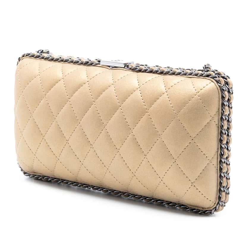 Chanel Quilted Metallic Suede Chain Around Evening Clutch on Chain Gold Leather Good condition - Back View
