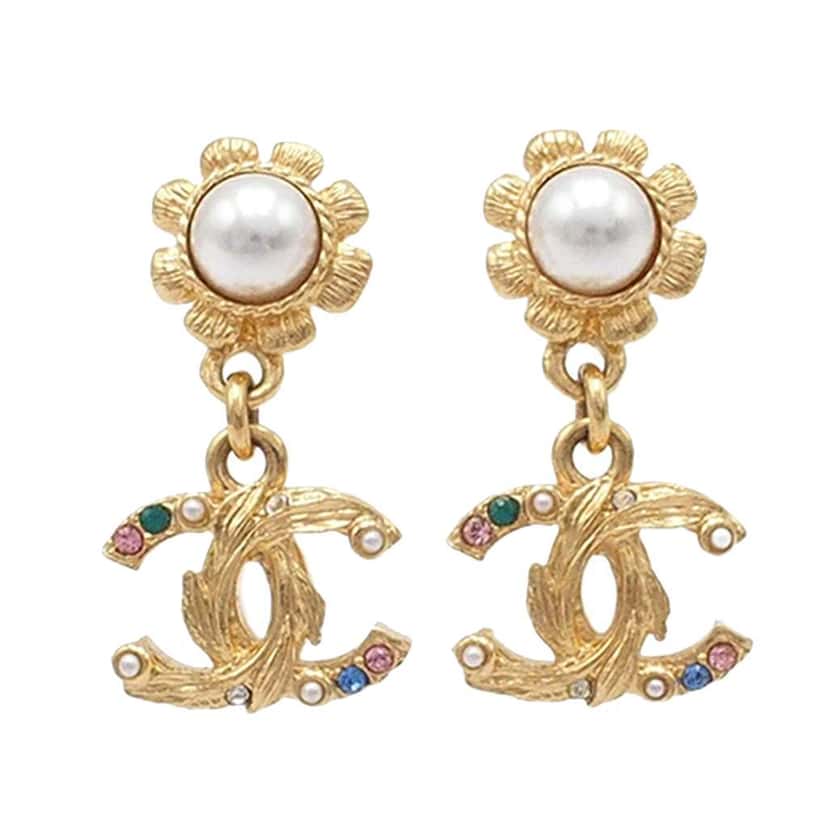 Chanel CC Gold Plated Faux Pearl and Rhinestone Swing Push Back Earrings Gold Metal Good condition - Front View